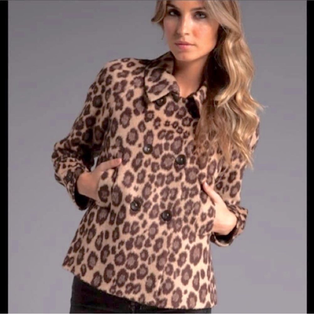 Rebecca Taylor Leopard Coating Shrunken Wool Blend Pea Coat Jacket